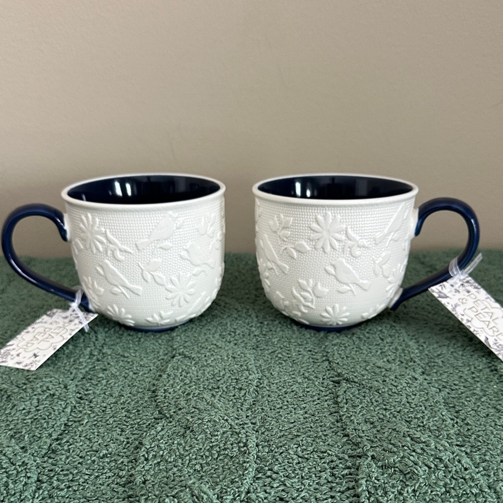 Petal & Pearl White & Navy Mugs Textured Birds & Flowers Set of 2 NEW!